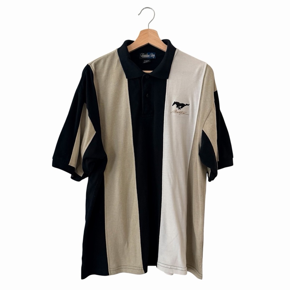 Vintage Men's Catalina Bay Mustang Polo Shirt Black Beige Striped 90s Large